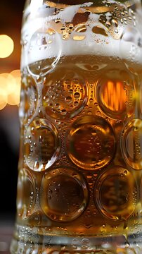 Close-up of condensation dripping down a dimpled, cold beer stein, with out-of-focus tent lights creating a beautiful bokeh effect.