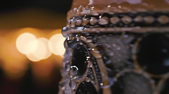 Cold beer stein condensation drips down dimpled glass, out-of-focus tent lights reflecting on its frosty surface.