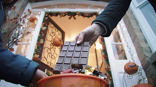 Childs-eye view of a welcoming, festive doorway as a hand generously drops a large candy bar into an overflowing bucket of treats.