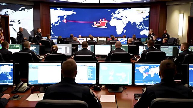 Norad North American Aerospace Defense Command tracks Santas global journey on a large screen, with uniformed personnel monitoring the festive sleigh icons progress.