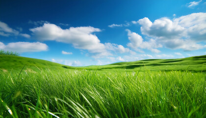 Fototapeta premium Vibrant Green Grass Foreground Against A Bright Blue Sky With Fluffy White Clouds Creating A Serene Natural Landscape Ideal For Design Purposes
