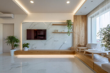 Modern minimalist living room interior captured in cinematic style, featuring white walls, wooden furnishings, indoor plants, large TV, and bright natural light with cozy atmosphere.