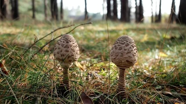 Two parasol mushrooms stand in a grassy forest clearing on an autumn day