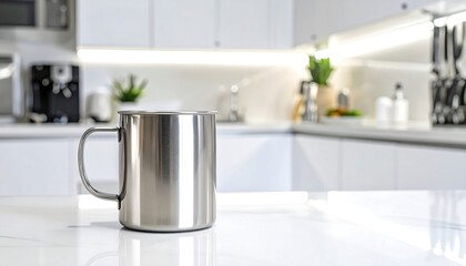 Stainless steel mug sits on a white marble countertop in a bright modern kitchen