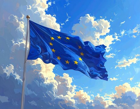 European Union flag billowing in a vibrant sky