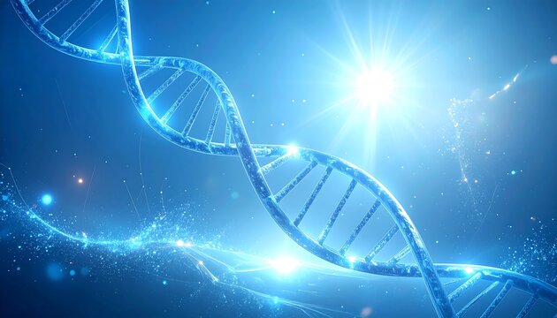 Blue DNA Strand with Bright Light and Molecular Structures