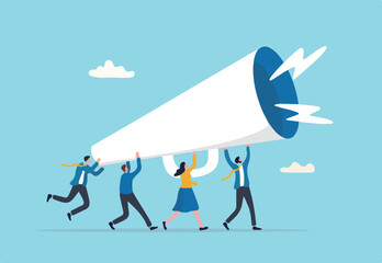 Marketing communication, announce promotion or communicate with employees, community or organization speech, loud voice or announcement concept, business people PR public relation shout on megaphone