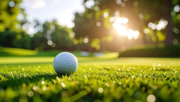 Golf ball resting on lush green grass with sunlit trees in the background, highlighting a peaceful outdoor sport