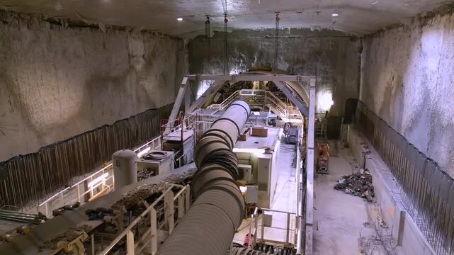 Large tunnel boring project interior view with conveyor belts moving soil and ventilation ducts providing airflow, symbolizing industrial construction engineering, transportation infrastructure and te