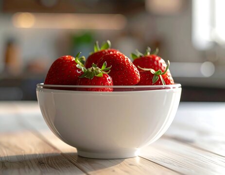 Fresh strawberries in a white bowl on a wooden table