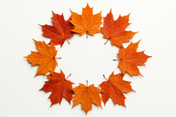 Fototapeta premium Compact Circle Wreath of Autumn Maple Leaves on White Background