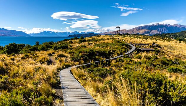 A scenic wooden boardwalk winds through a vibrant grassland landscape overlooking a tranquil lake and snow-capped mountains.