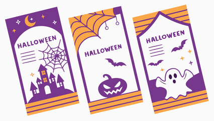 Halloween Trick or Treat Party Poster Design Set with Pumpkins, Ghosts, Bats, Spiders, Webs, Cutout Style