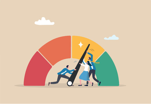 Performance rating, risk management or employee survey score, evaluation or grade assessment, employee engagement, credit score, productivity concept, business people help push measuring gauge scale