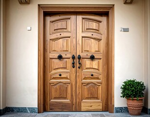 Wooden double doors on a beige house
