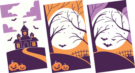 Halloween Trick or Treat Party Poster Design Set with Pumpkins, Ghosts, Bats, Spiders, Webs, Cutout Style
