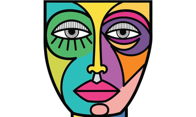 Abstract Cubist Face Illustration with Geometric Shapes and Vibrant Colors – Modern Art Portrait in Yellow, Blue, Pink, Green, and Orange on Black Background