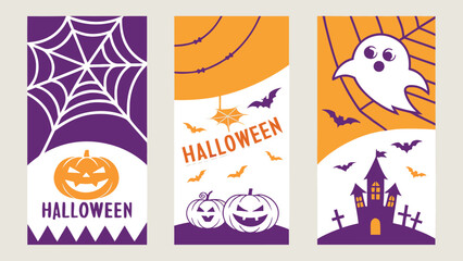 Halloween Trick or Treat Party Poster Design Set with Pumpkins, Ghosts, Bats, Spiders, Webs, Cutout Style