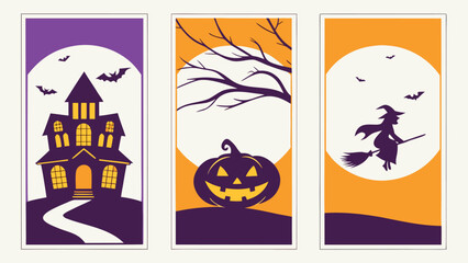 Halloween Trick or Treat Party Poster Design Set with Pumpkins, Ghosts, Bats, Spiders, Webs, Cutout Style