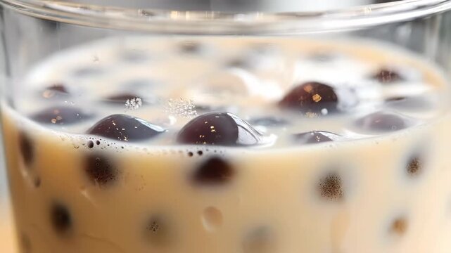 Close-up of creamy bubble tea with black tapioca pearls in a transparent glass on a wooden table, capturing the rich textures and colors of the drink in a bright, modern cafe setting during daytime