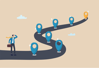 Success roadmap journey, milestone or career path achievement, route or pathway to achieve goals, accomplishment, assessment or way to success, businessman look at achievement milestone to success