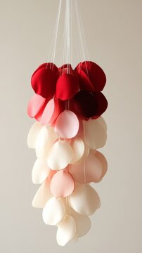 Elegant hanging mobile with red pink beige fabric petals in gradient