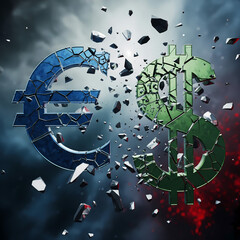 Fragmented Euro and Dollar Signs Breaking Apart &ndash; Abstract Financial Crisis Concept