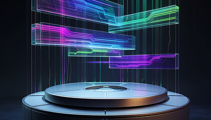 Futuristic holographic display projecting data streams above a metallic platform