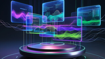 Futuristic holographic display of financial data and charts in a dark environment