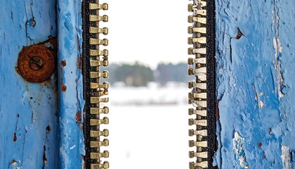 Zipped door reveals winter scene