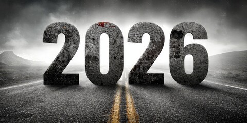Conceptual image of 2026 in bold black numbers on a misty road with mountains, evoking futuristic uncertainty and new beginnings for business, technology, and marketing themes