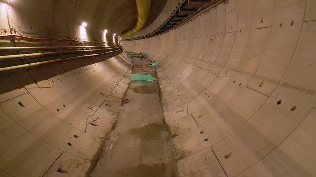 Interior view of a large concrete utility tunnel under construction, with workers, temporary lighting, pipelines, cables and ventilation ducting running along the curved tunnel walls.