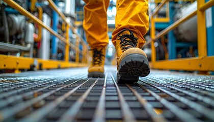 Worker in yellow uniform walks on metal grating