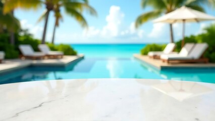 Beachfront table top, sunny day, sunset villa with infinity swimming pool. blurred blue ocean view