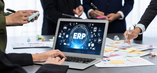 Analyst team use sticky note for creative and analytic brainstorm for business idea with BI data dashboard on laptop screen. Analysis financial data visualization tech for marketing strategy. Prodigy