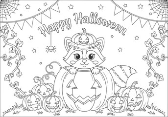 Halloween Coloring Book Cute Raccoon & Pumpkin Patch Scene for Spooky Fun