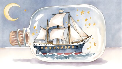 Ship sailing inside glass bottle under night sky with crescent moon and stars, evoking adventure and fantasy in watercolor style.