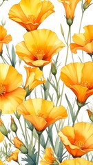 Fototapeta premium Vibrant yellow and orange California poppies create a cheerful and beautiful repeating floral pattern against a white backdrop.