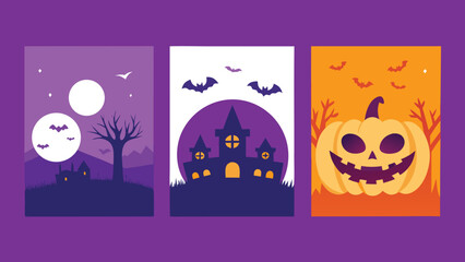 Halloween Trick or Treat Party Poster Design Set with Pumpkins, Ghosts, Bats, Spiders, Webs, Cutout Style