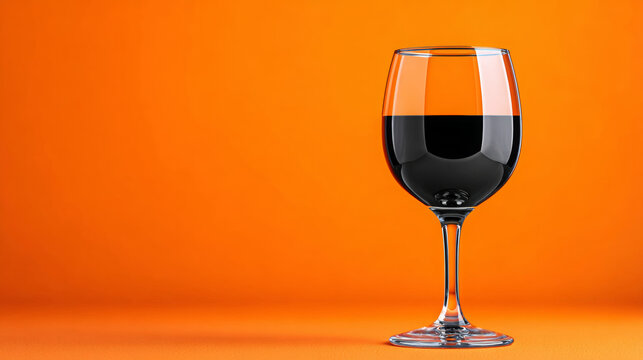 Black wine glass filled with liquid on bright orange background  