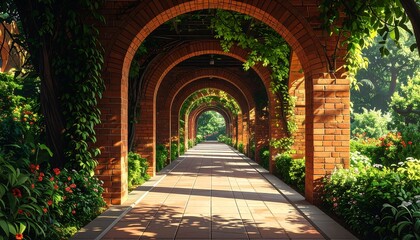 Fototapeta premium A sun-drenched brick archway path leads through a lush garden, showcasing vibrant greenery and warm colors.