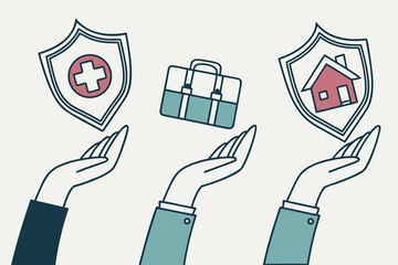 Characters hands holding car, house, umbrella and presenting various financial protection services. Health, vehicle, property, life, travel insurance concept. Vector illustration.