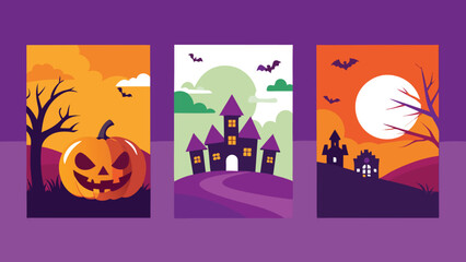 Halloween Trick or Treat Party Poster Design Set with Pumpkins, Ghosts, Bats, Spiders, Webs, Cutout Style