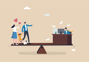 Work life balance, choose between family or hard work to be success, career opportunity or spend time with family, decision or responsibility concept, seesaw compare between family and man work hard
