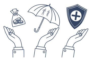 Characters hands holding car, house, umbrella and presenting various financial protection services. Health, vehicle, property, life, travel insurance concept. Vector illustration.