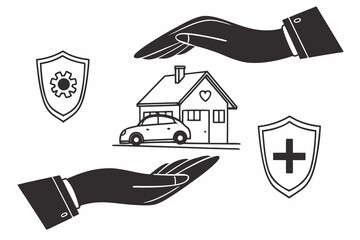 Characters hands holding car, house, umbrella and presenting various financial protection services. Health, vehicle, property, life, travel insurance concept. Vector illustration.