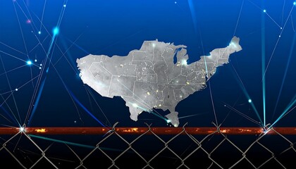 USA map, digital network, fence