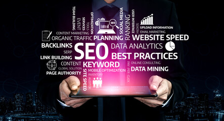 A business professional showcases essential SEO strategies and analytics on a tablet, emphasizing...