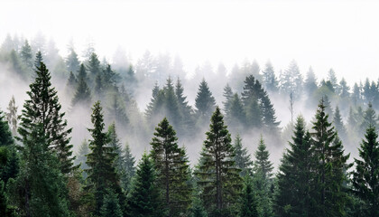 Misty Coniferous Forest On A White Background