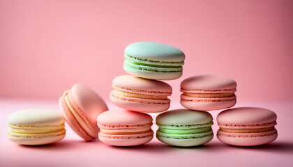 Obraz premium Pastel Macarons Stacked On Pink Background Sweet Treat Delightful Dessert